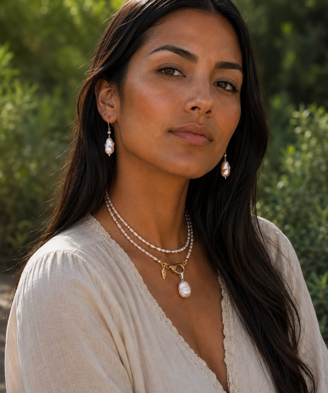 Baroque pearl earrings and necklace with gold clasps and leaf pendant by MariaRyan Jewelry