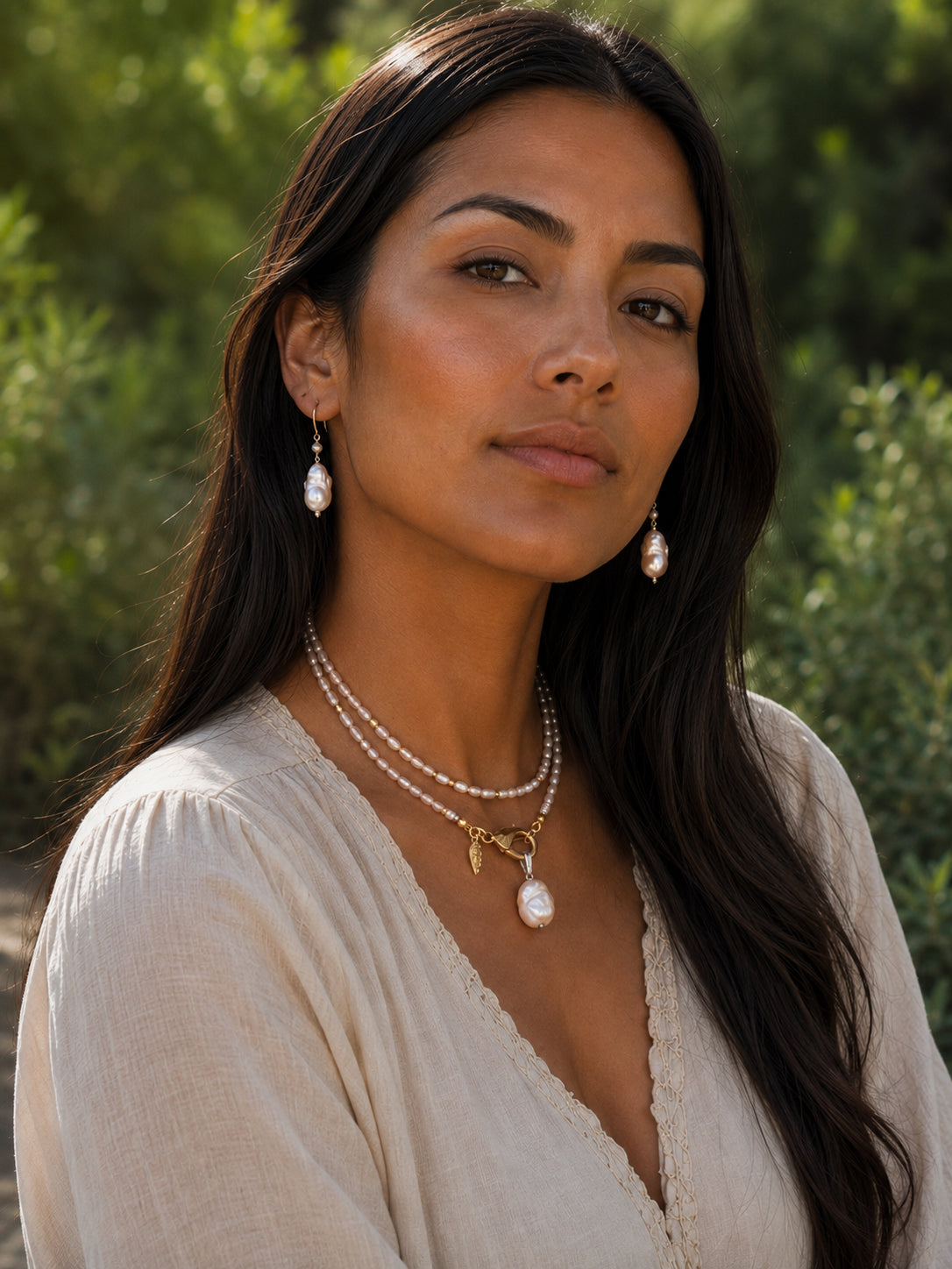 Baroque pearl earrings and necklace with gold clasps and leaf pendant by MariaRyan Jewelry